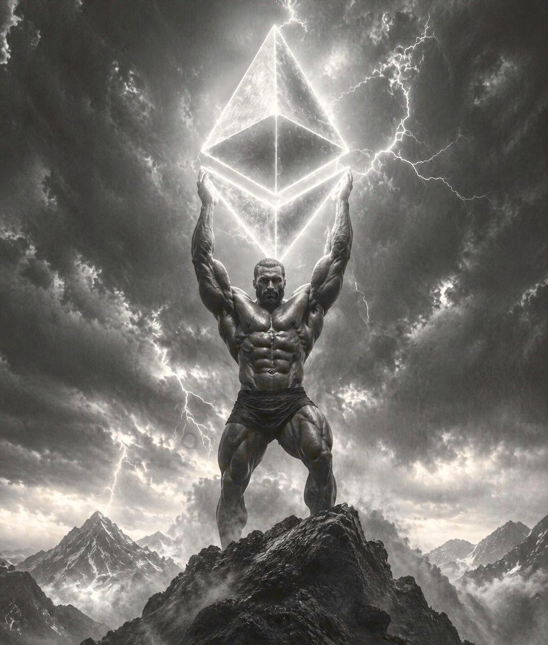 Gigachad lifting glowing Ethereum